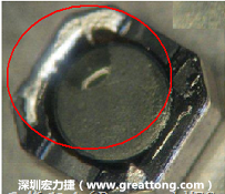 使用錫(Sn)鍍層的電源電感器(Power Inductors)，經(jīng)過推力測試后，其焊點還保留在零件的端點上，所以推力比較高。