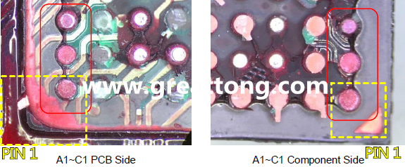 PIN-1的位置很重要，不知道Pin-1在哪里？那你怎么知道斷裂錫球在PCB的位置，如何判斷可能的應(yīng)力(Stress) 影響。一般在PCB的絲印層(白漆)上面一定會(huì)標(biāo)示零件的PIN-1位置，有的未打一個(gè)圓點(diǎn)，有的會(huì)畫三角形，但這張照片在PCB的PIN-1被紅墨水遮住了，如果可以的話建議那一塊沒有紅墨水的板子對照一下。