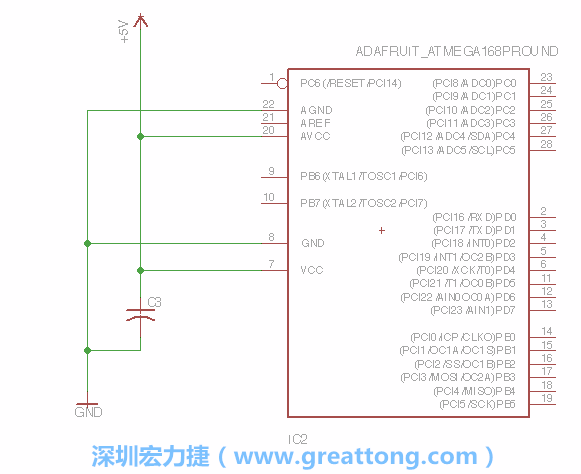 3.1.    新增微控制器晶片（RBBB → ATmega），把它放在電路原理圖的中央附近，把它的兩個(gè)接地接頭連接到接地訊號(hào)端。