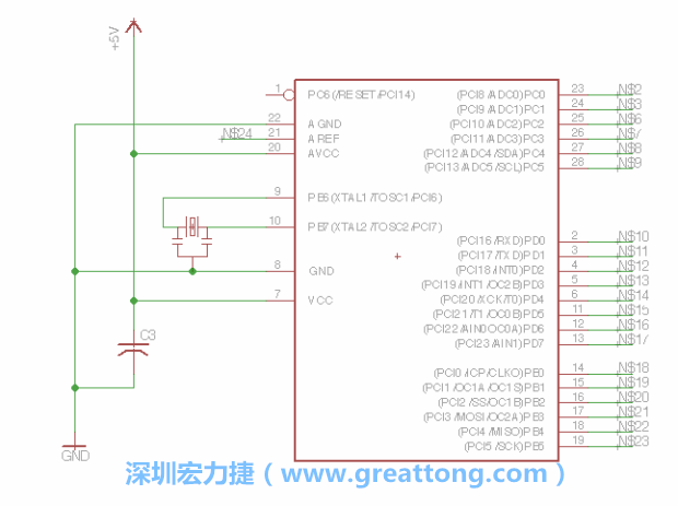 3.3.    將共鳴器（resonator）放置在針腳9和針腳10附近，將它的三個(gè)針腳連接如圖所示，并確認(rèn)最中間的針腳有連到接地端。